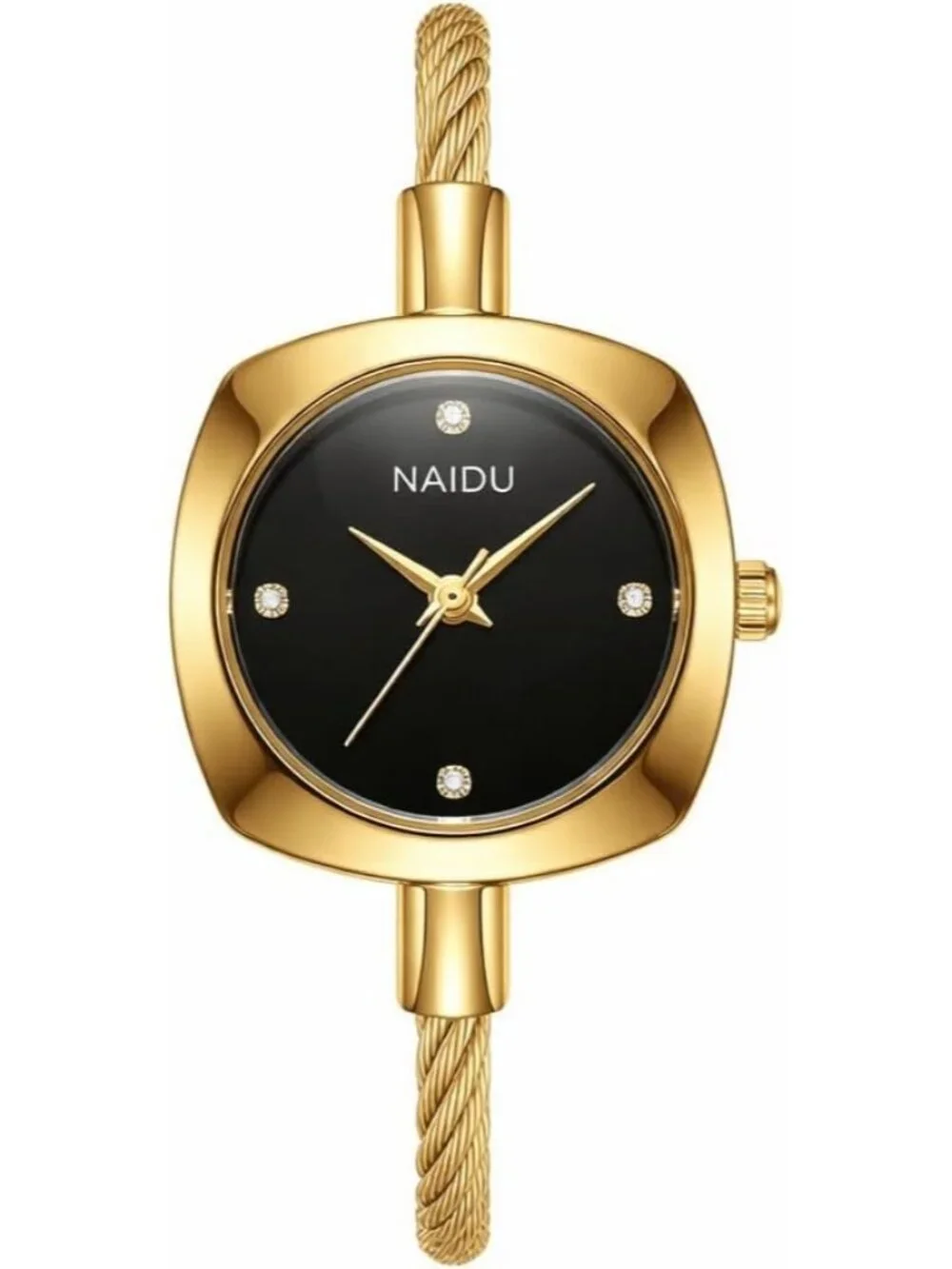 Women's Gold Black Crystal Accent Cable Wire Bangle Square Sunray Dial Watches